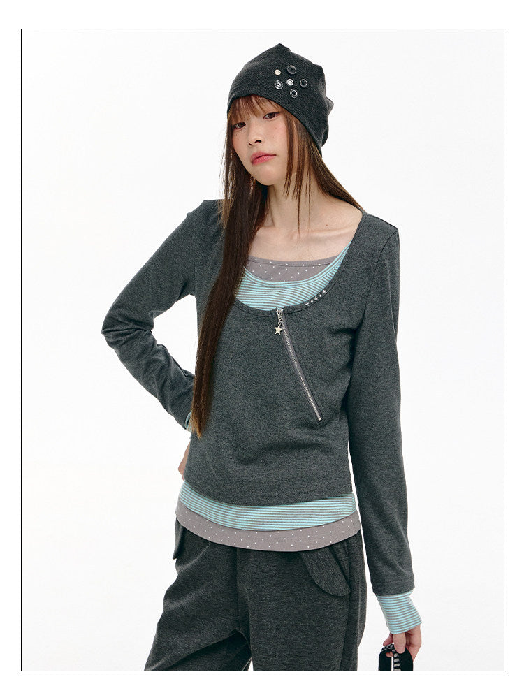 Diagonal Zip Faux-Layer Long Sleeve Top