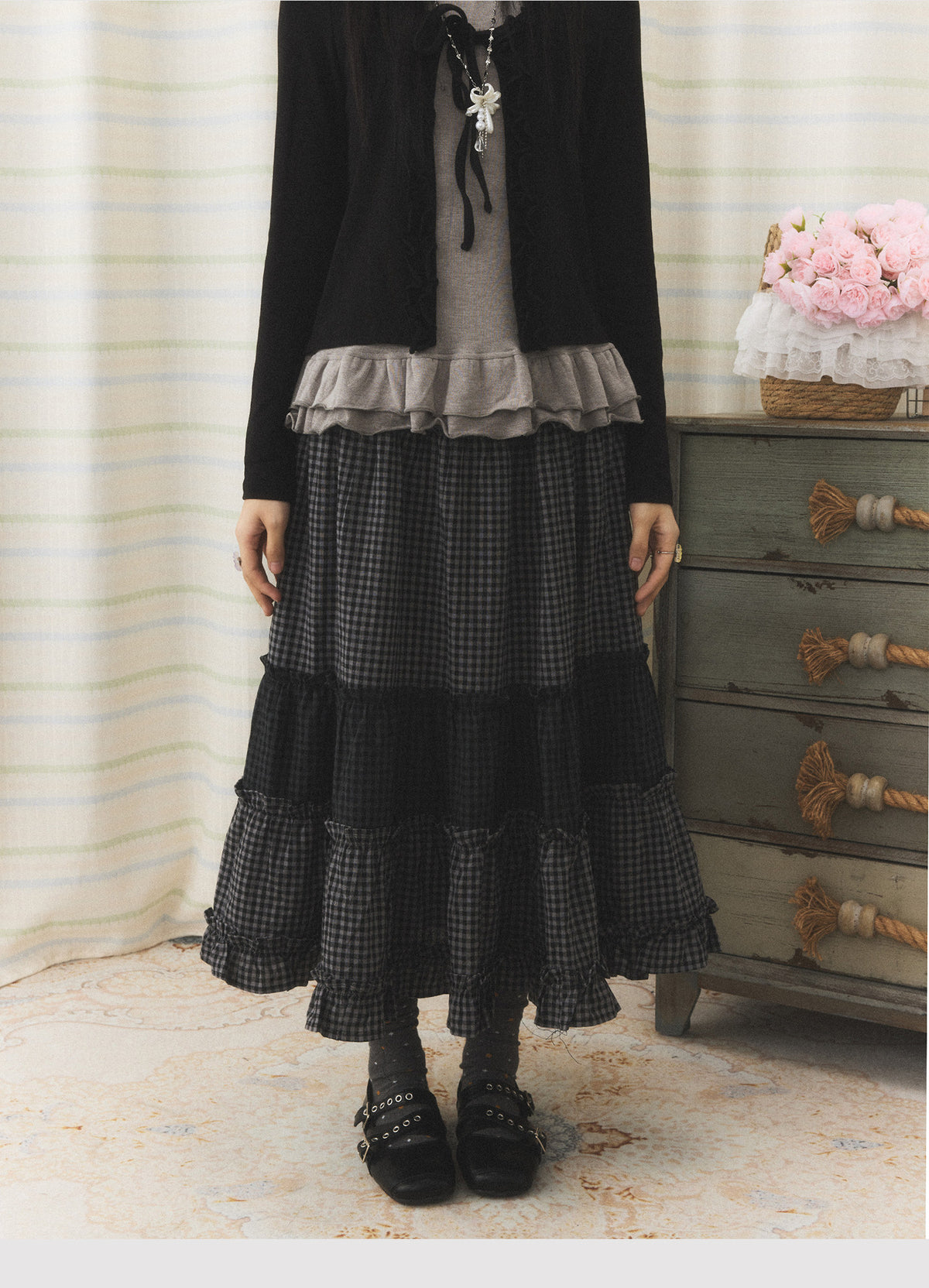 Mixed Plaid Tiered Ruffle Midi Skirt
