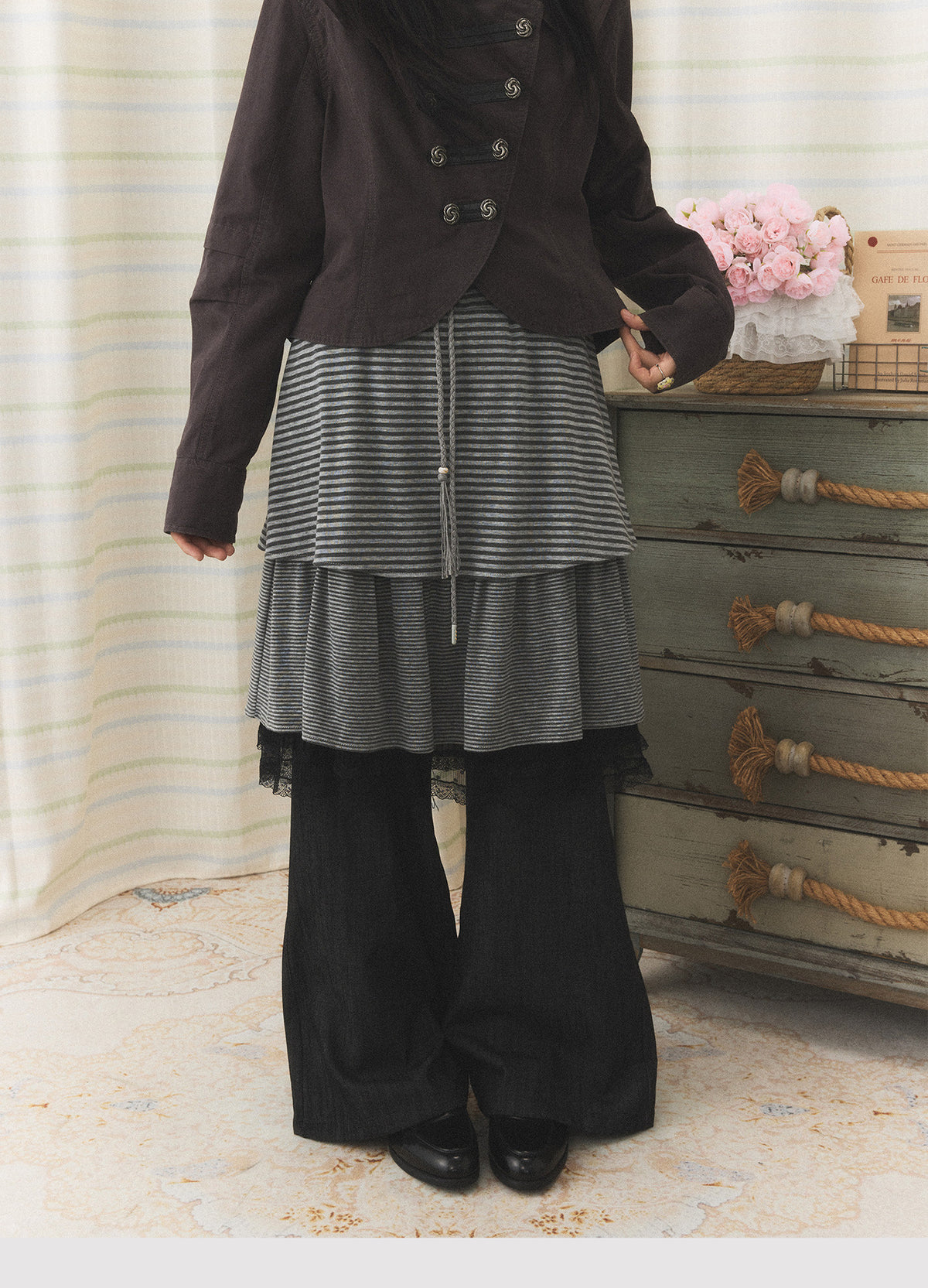 Striped Layered Skirt Wide-Leg Pants