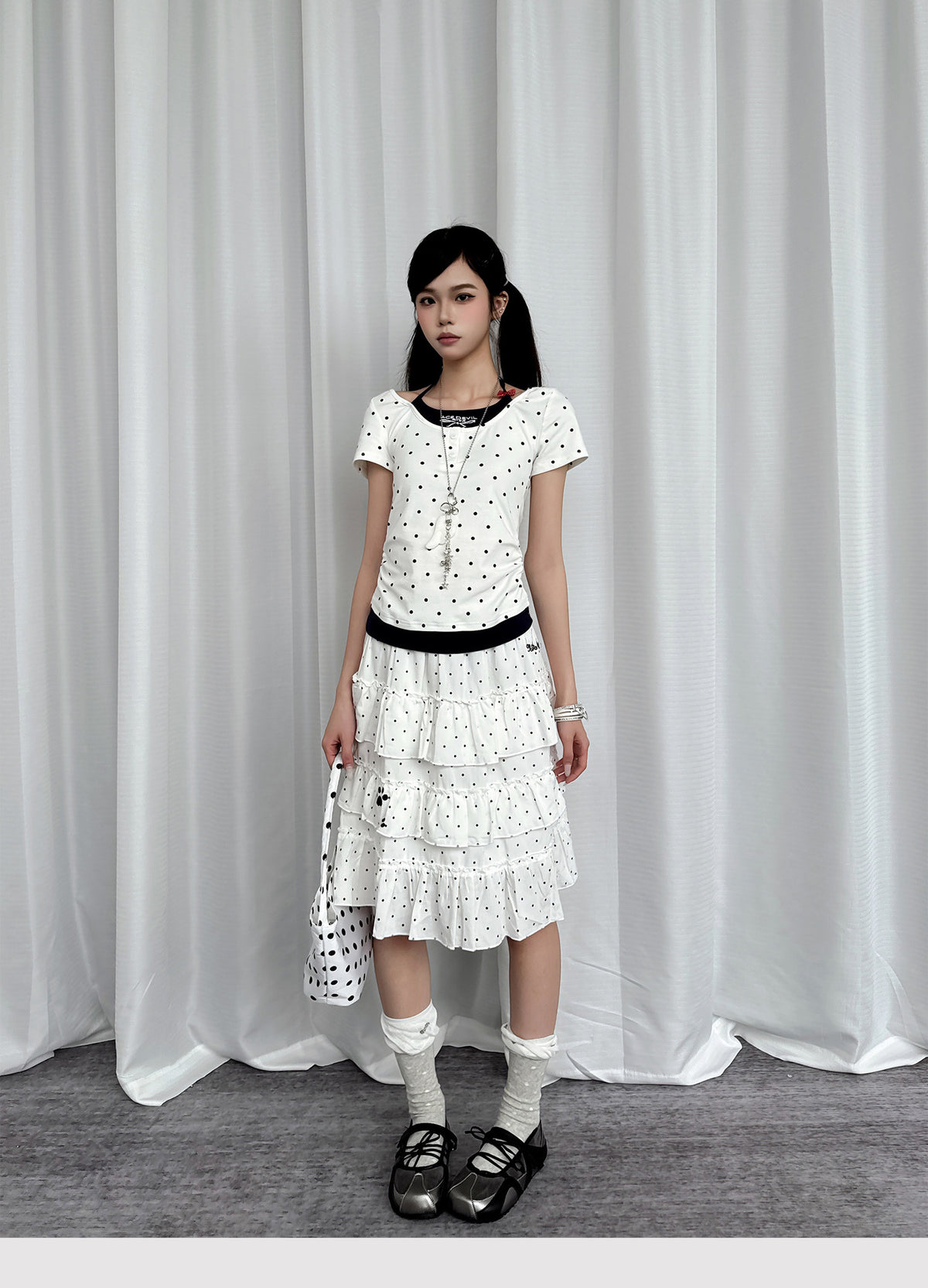 Paw Embroidered Polka Dot Tiered Midi Skirt