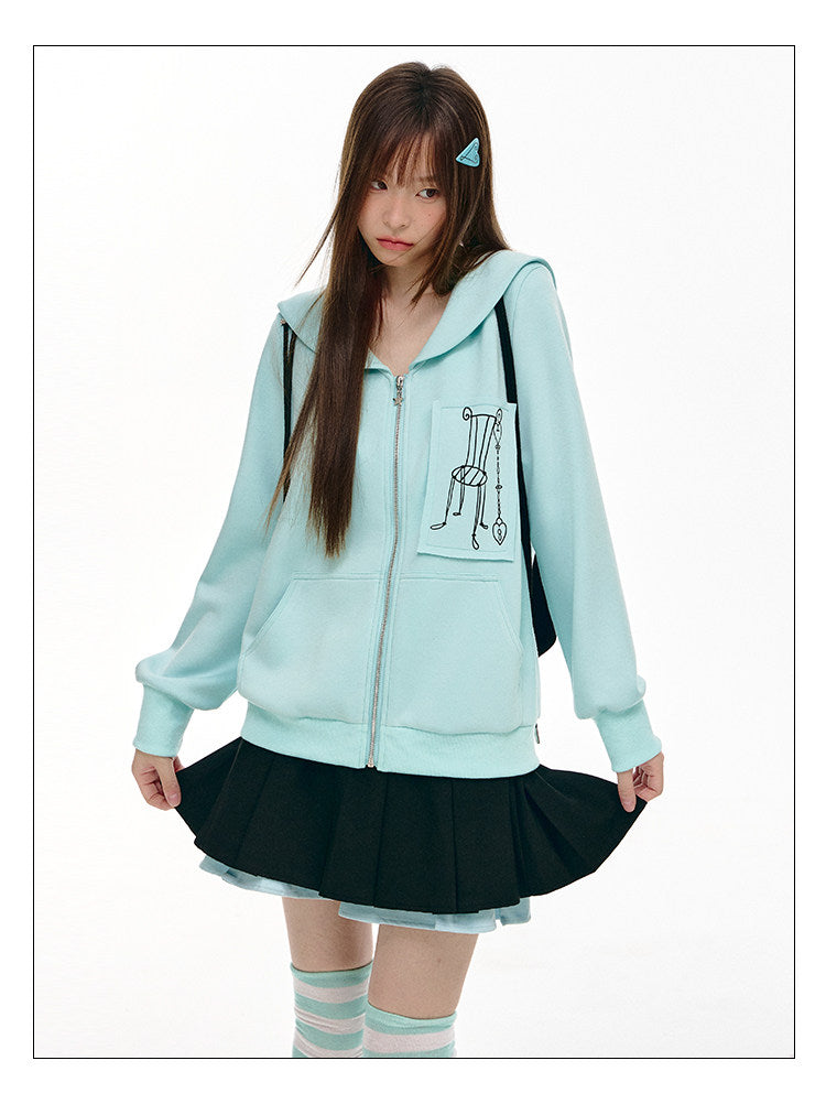 Mint Sailor-Collar Graphic Zip-Up Jacket