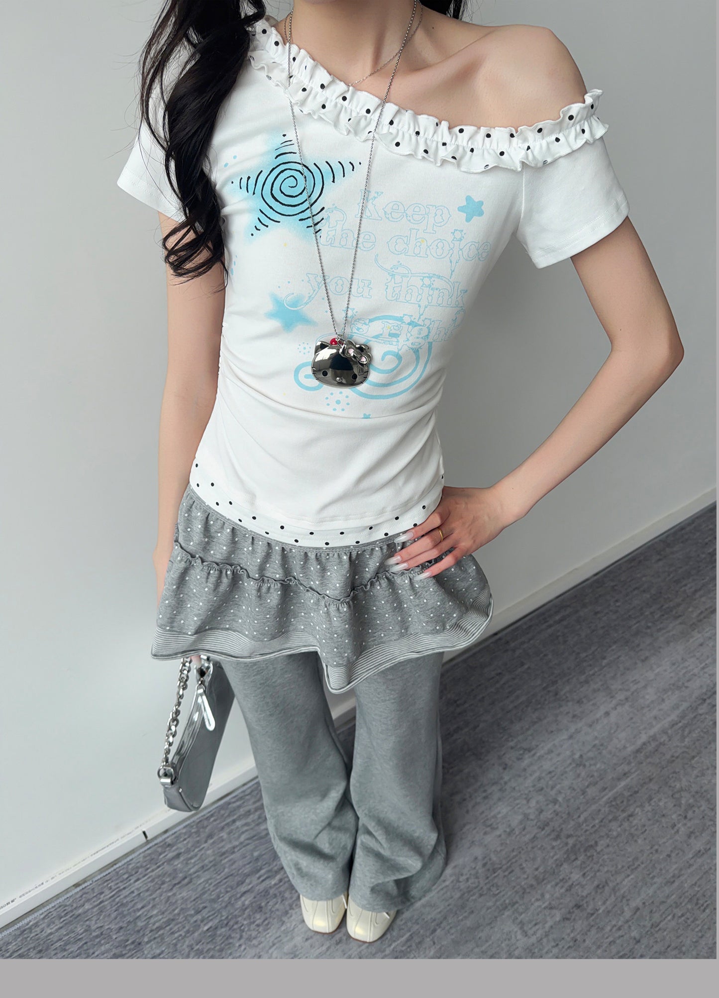 Blue Star Polka Dot Ruffle One-Shoulder Tee