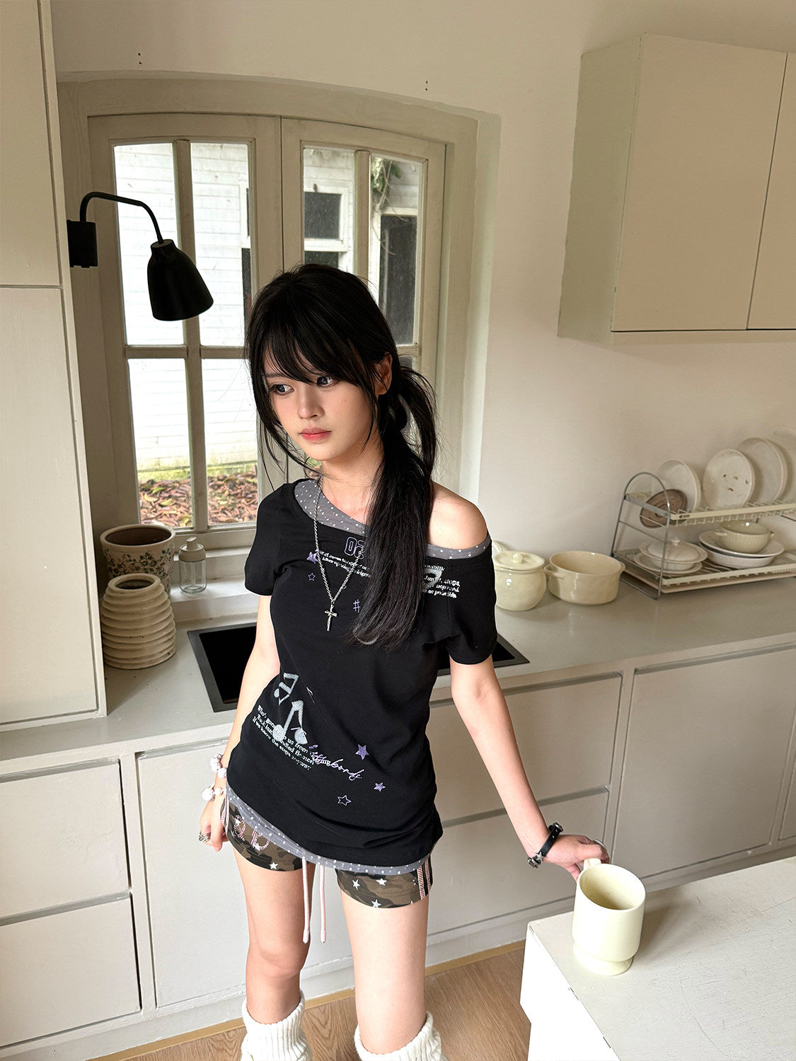 Asymmetric Music Note Faux-Layer Fitted Tee