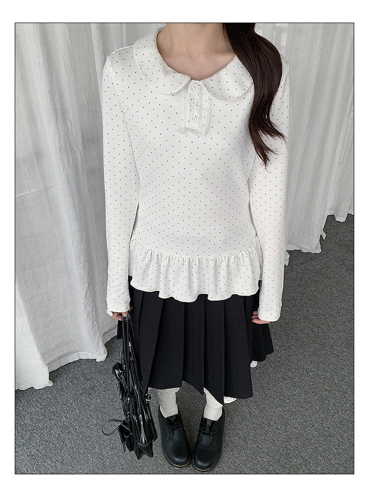 Black Bow Knit Sweater & Polka Dot Peter Pan Collar Two-Piece Set