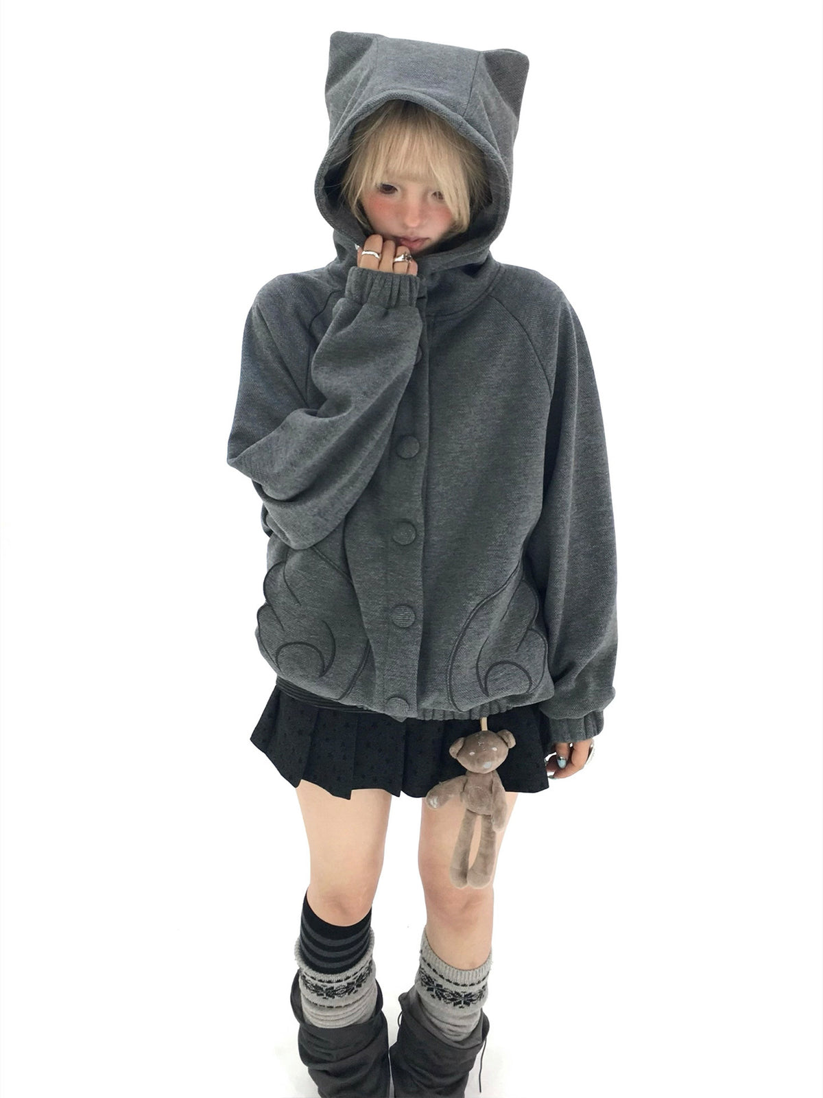 Cloud Gray Cat Ear Wing Pocket Hooded Jacket