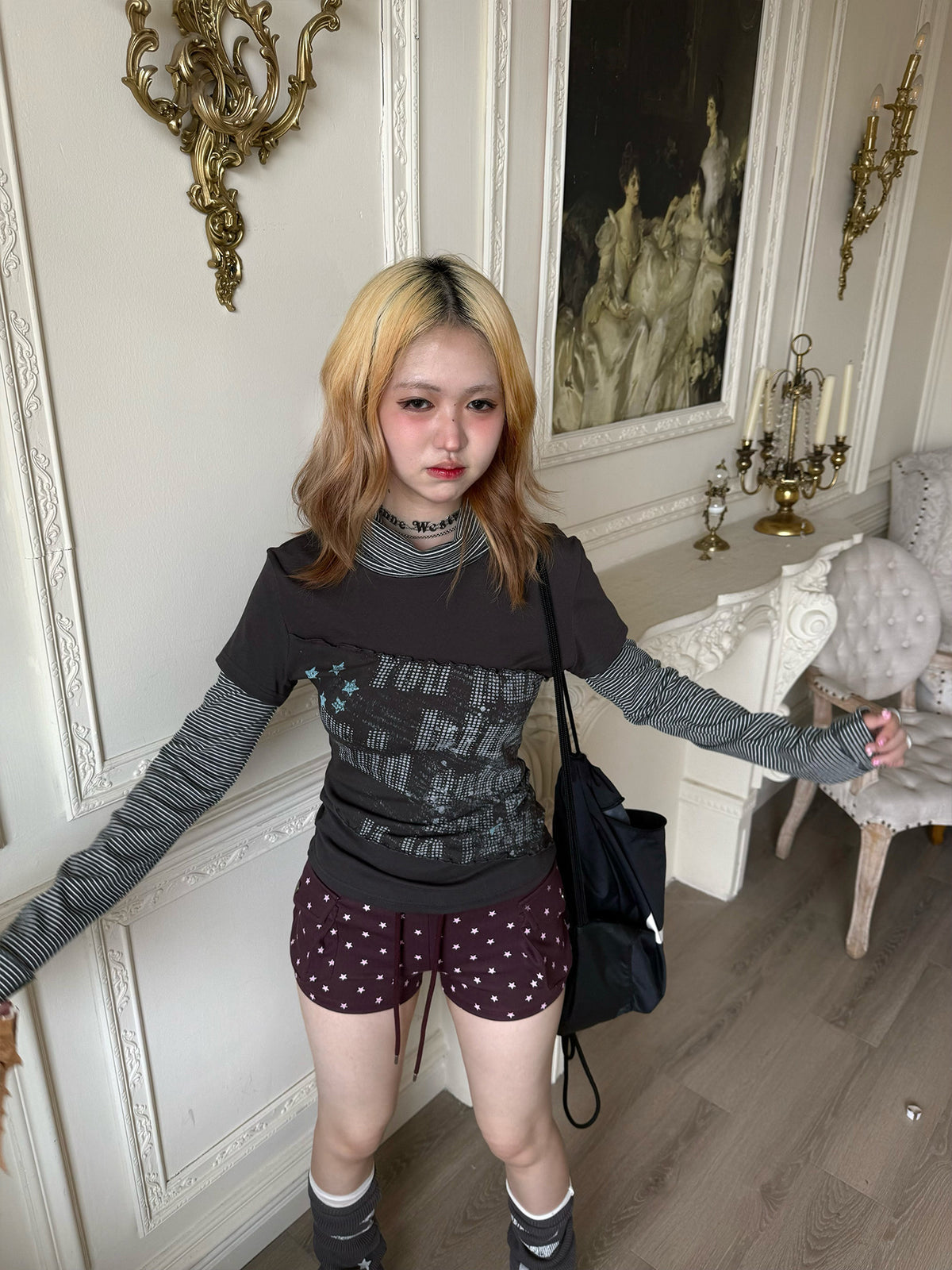 Striped Mock Neck Faux-Layer Graphic Long Sleeve Top
