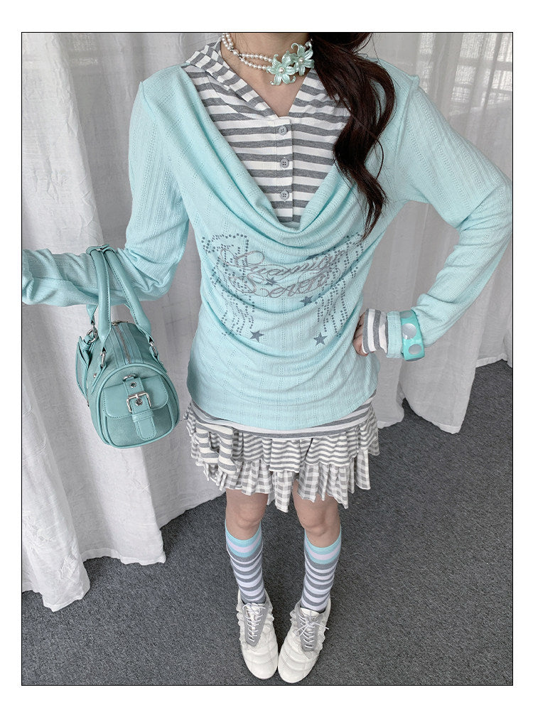 Draped Stripe-Collar Faux-Layer Long-Sleeve Top