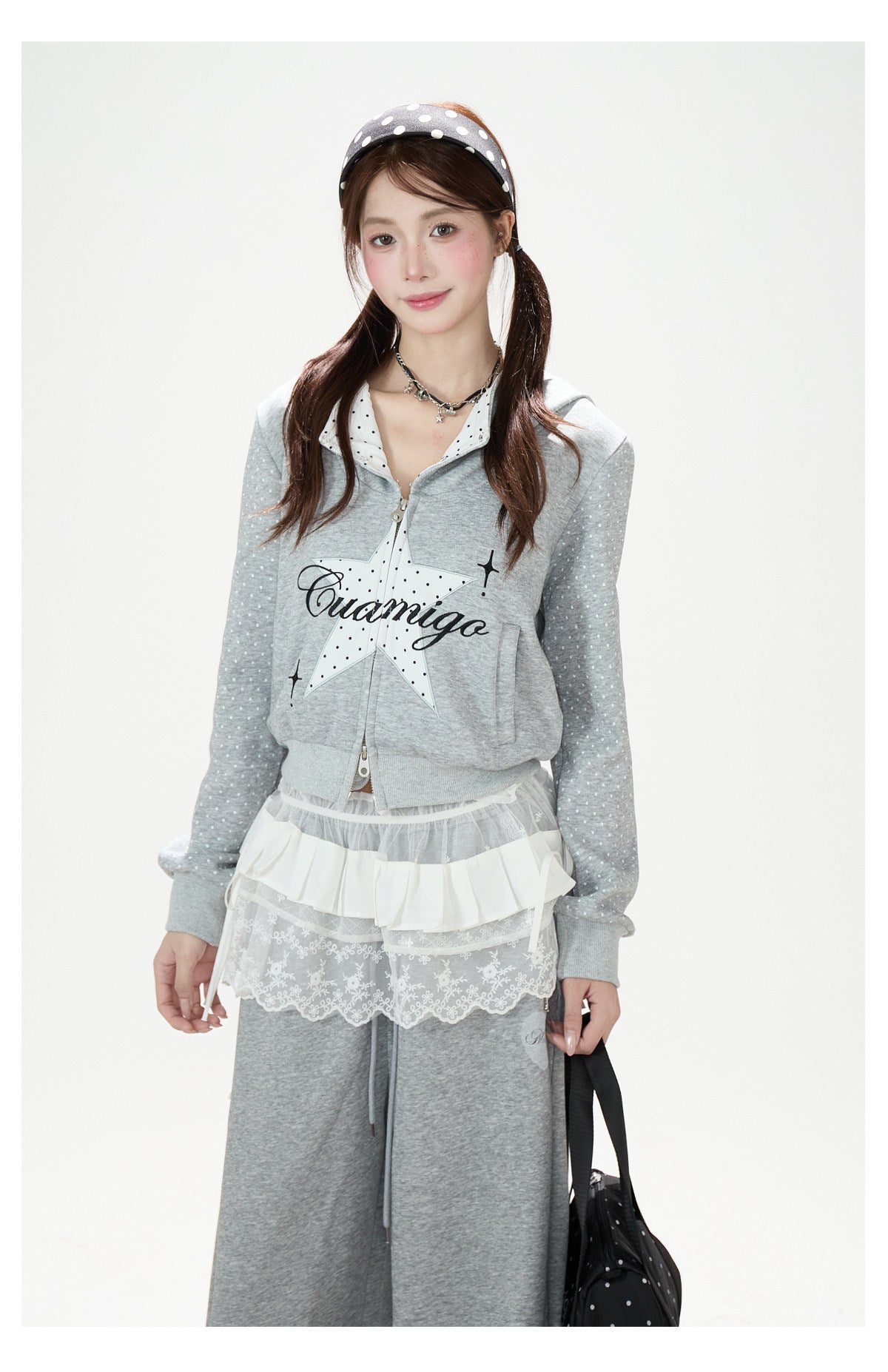 Star Polka-Dot Zip-Up Hoodie & Paw Print Wide-Leg Jeans