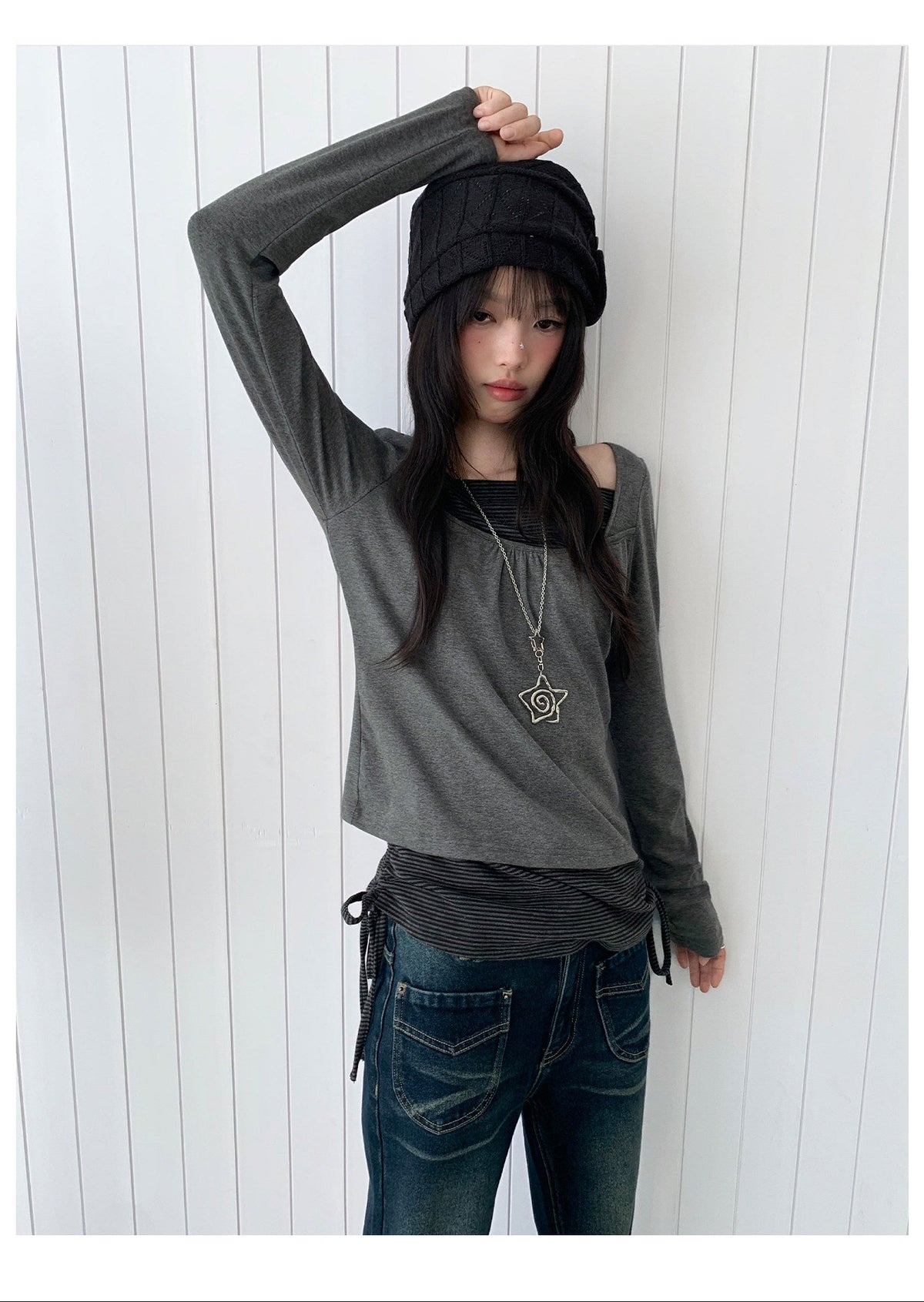Striped Square-Neck Faux-Layer Drawstring Long Sleeve Top