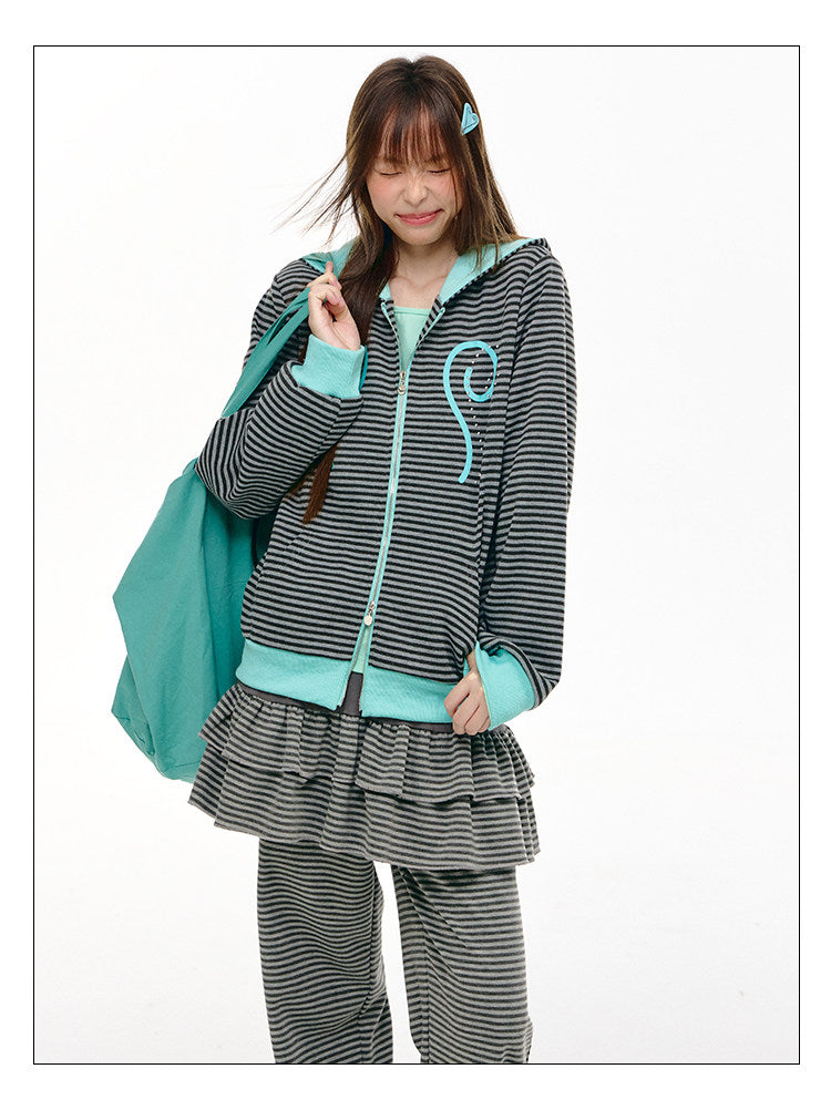Striped Ruffle-Overlay Wide-Leg Pants