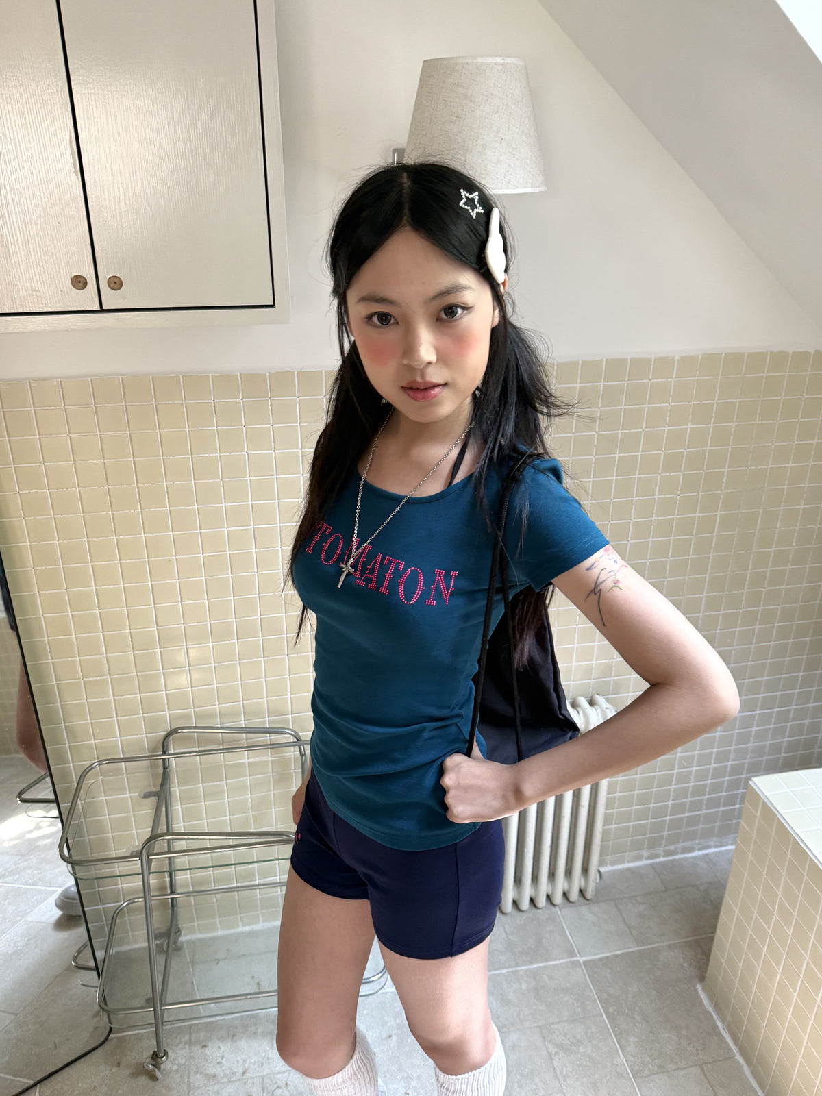 Dark Navy Rhinestone Letter Fitted Baby Tee