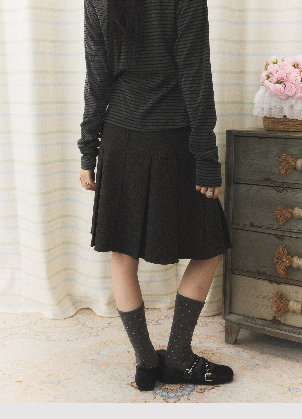 Charcoal Pleated A-Line Skirt