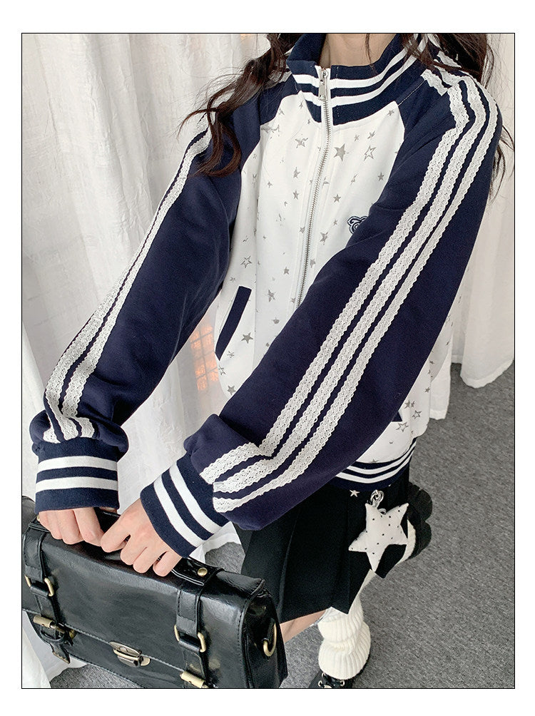 Star Print Contrast Zip-Up Track Jacket