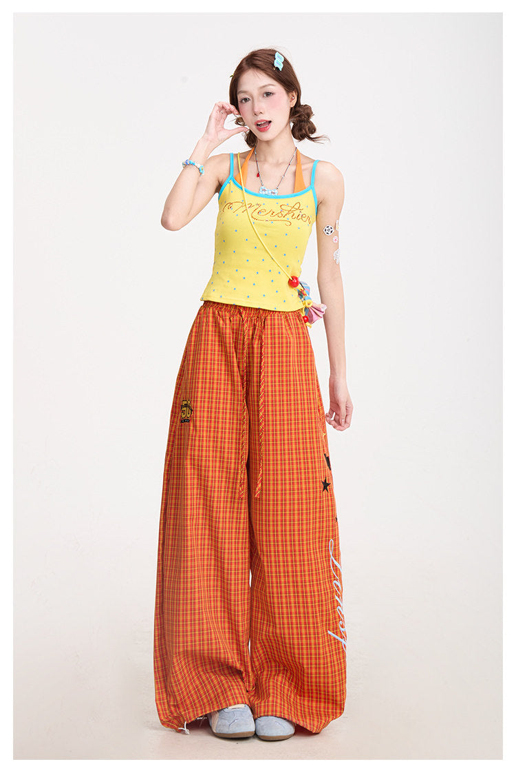 Starry Rhinestone Halter Cami & Plaid Wide-Leg Pants