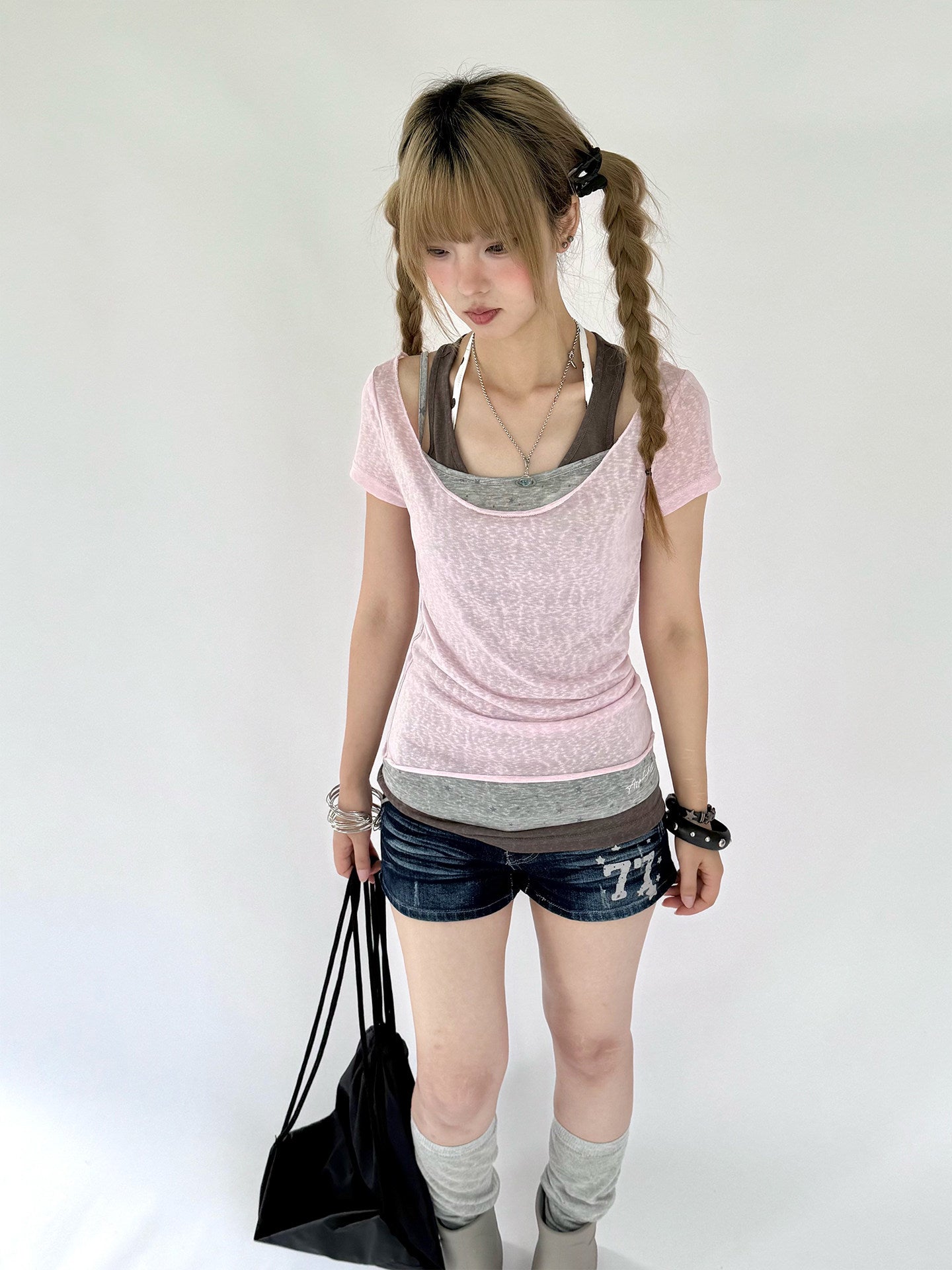 Pink Gray Triple-Layer Fitted Tee