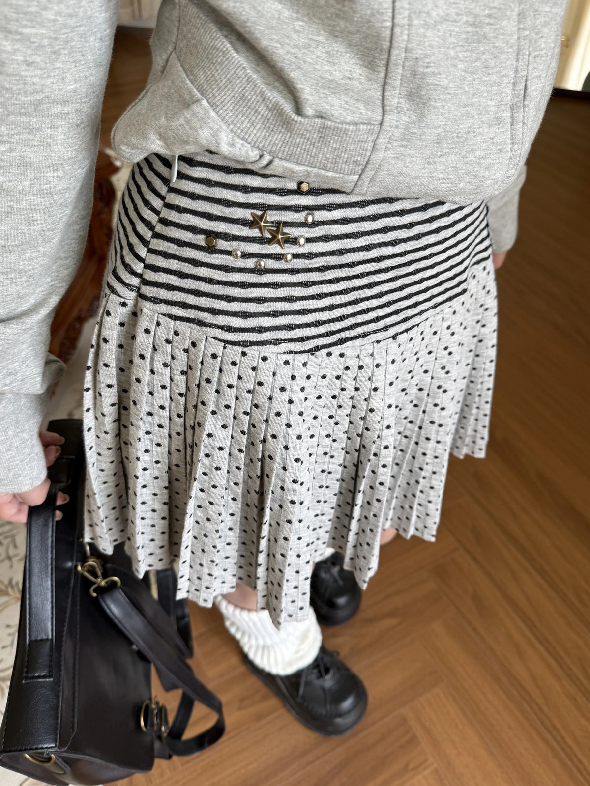 Gray Polka Dot Striped Pleated Knit Mini Skirt