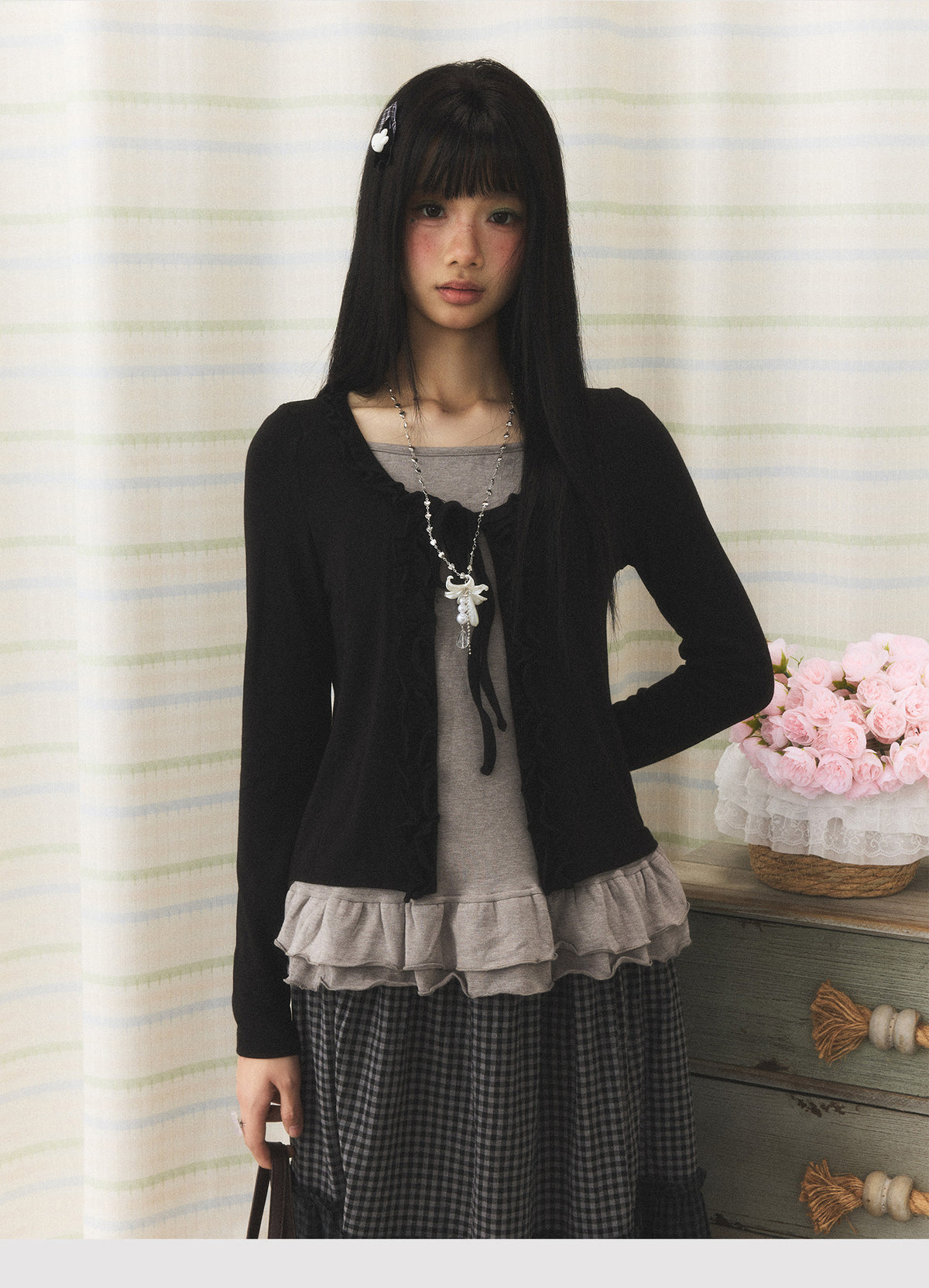 Ruffle Hem Tie-Front Faux-Layered Long Sleeve Top