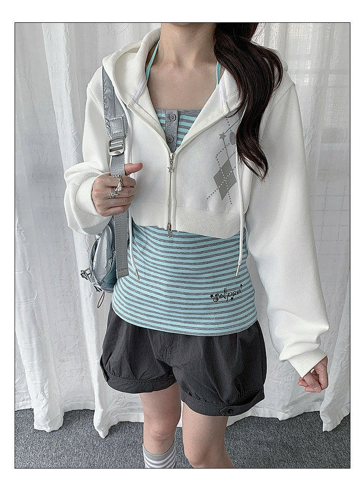 Striped Cami & Cropped Zip Hoodie Two-Piece Set