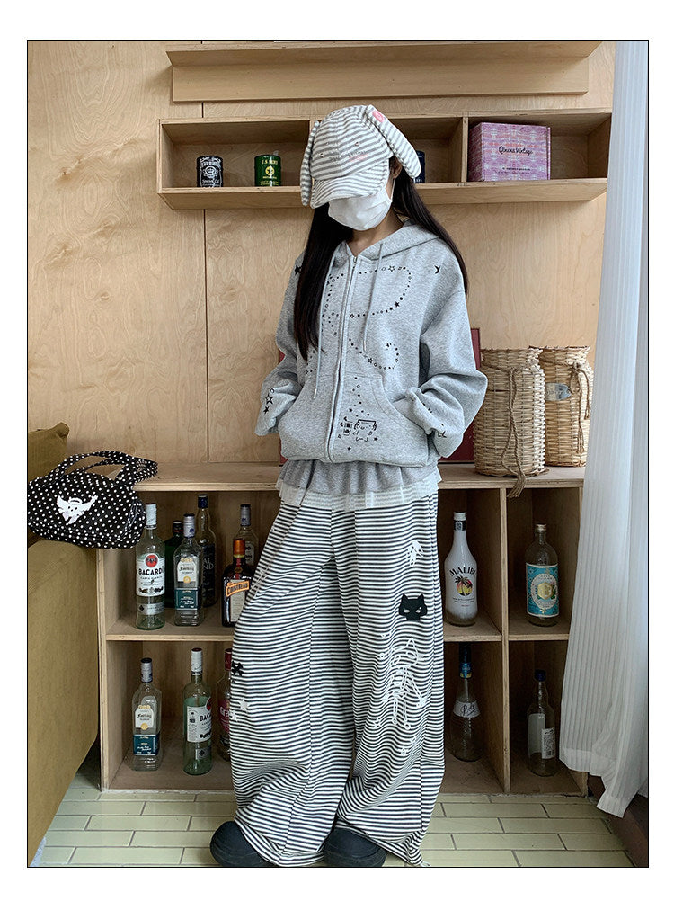 Cartoon Cat Stripe Drawstring Wide-Leg Sweatpants