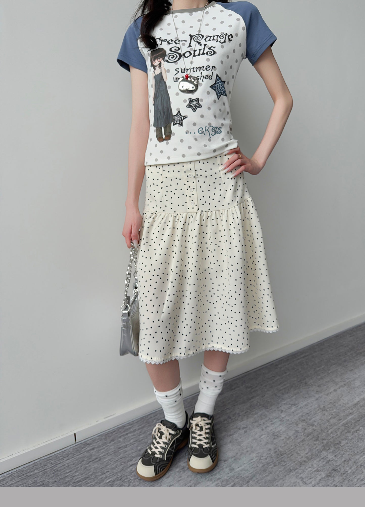 Polka Dot Button Tiered Midi Skirt