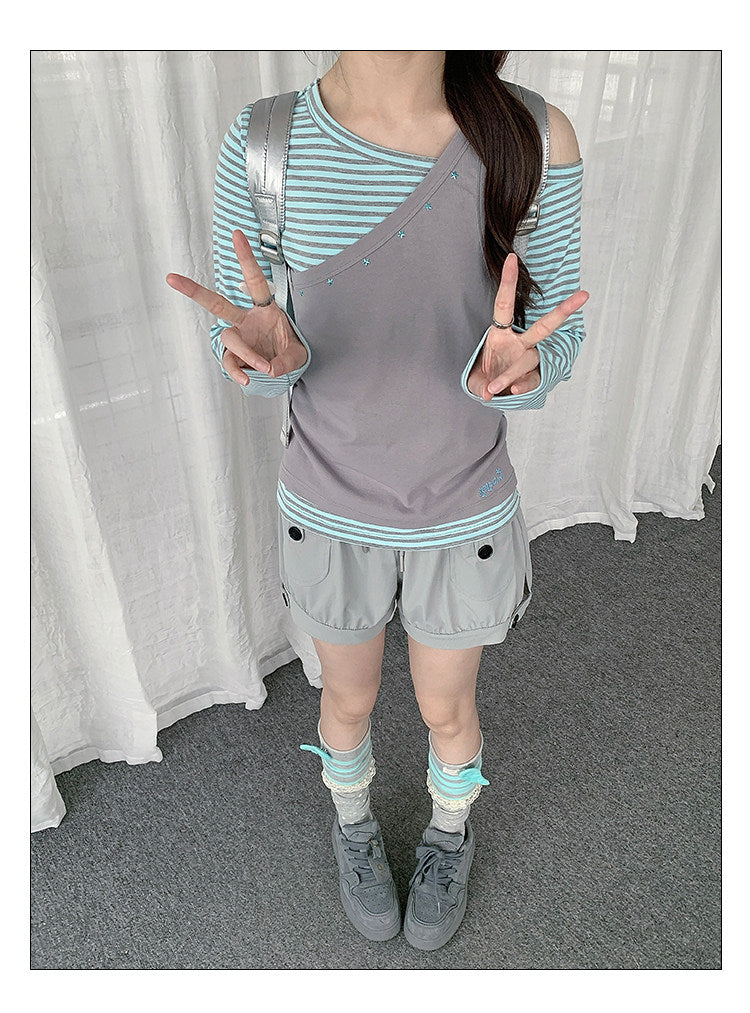 Gray Mint Stripe Asymmetric Faux-Layer Long Sleeve Top