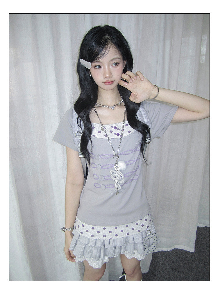 Lilac Polka Dot Faux-Layer Fitted Tee