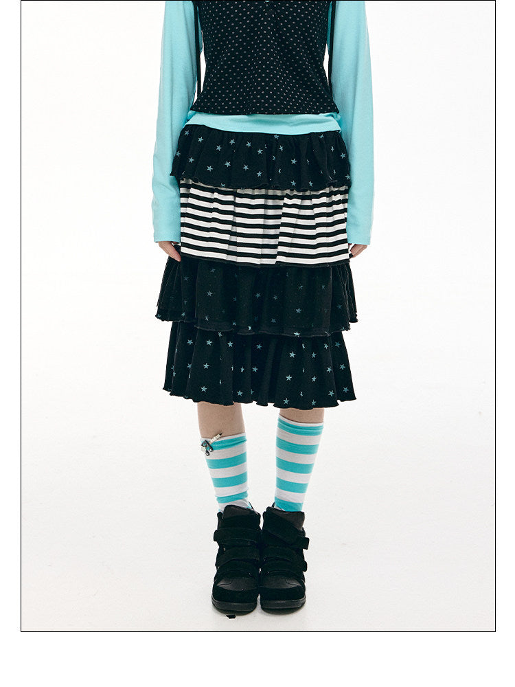 Star Stripe Tiered Ruffle Midi Skirt