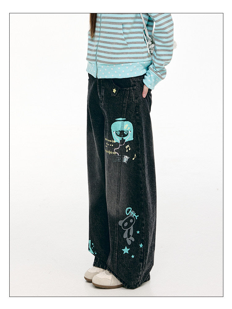 Washed Black Cartoon Music Note Barrel-Leg Jeans