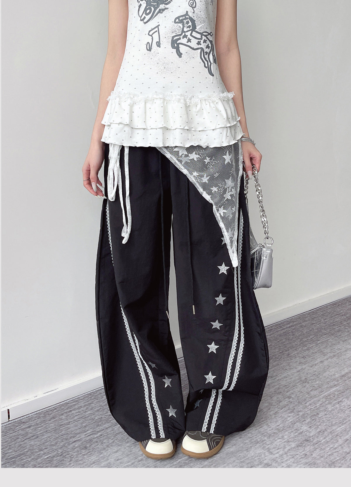 Star Lace Overlay Wide-Leg Parachute Pants