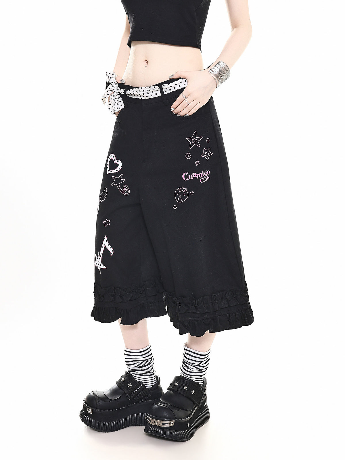 Polka Dot Music Note Ruffle Capri Pants