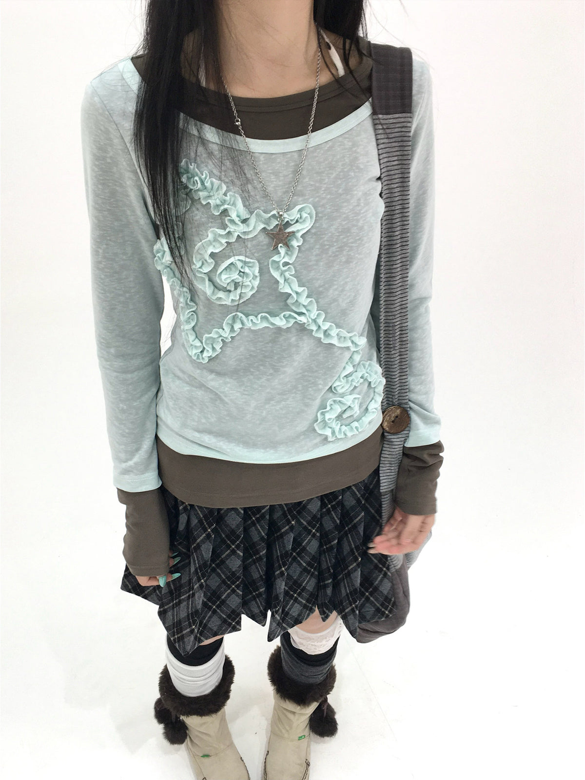 Mist Aqua Ruffle Star Faux-Layer Long Sleeve Top