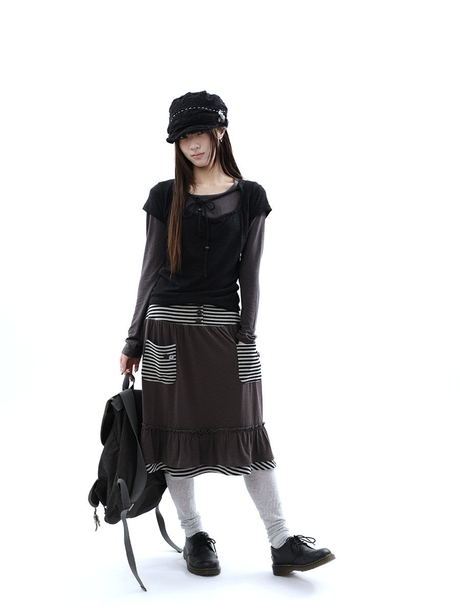 Striped Pocket Ruffle Layered Midi Skirt