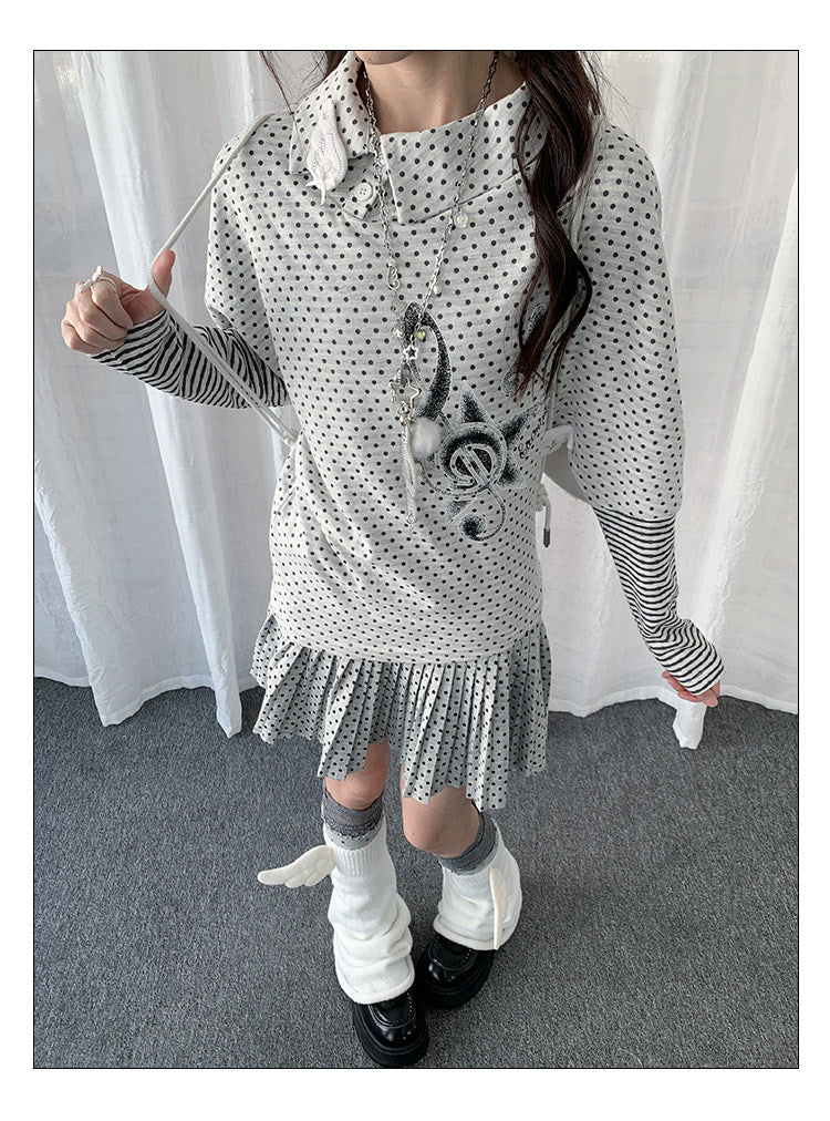 Polka Dot Collar Striped Layered Long Sleeve Top