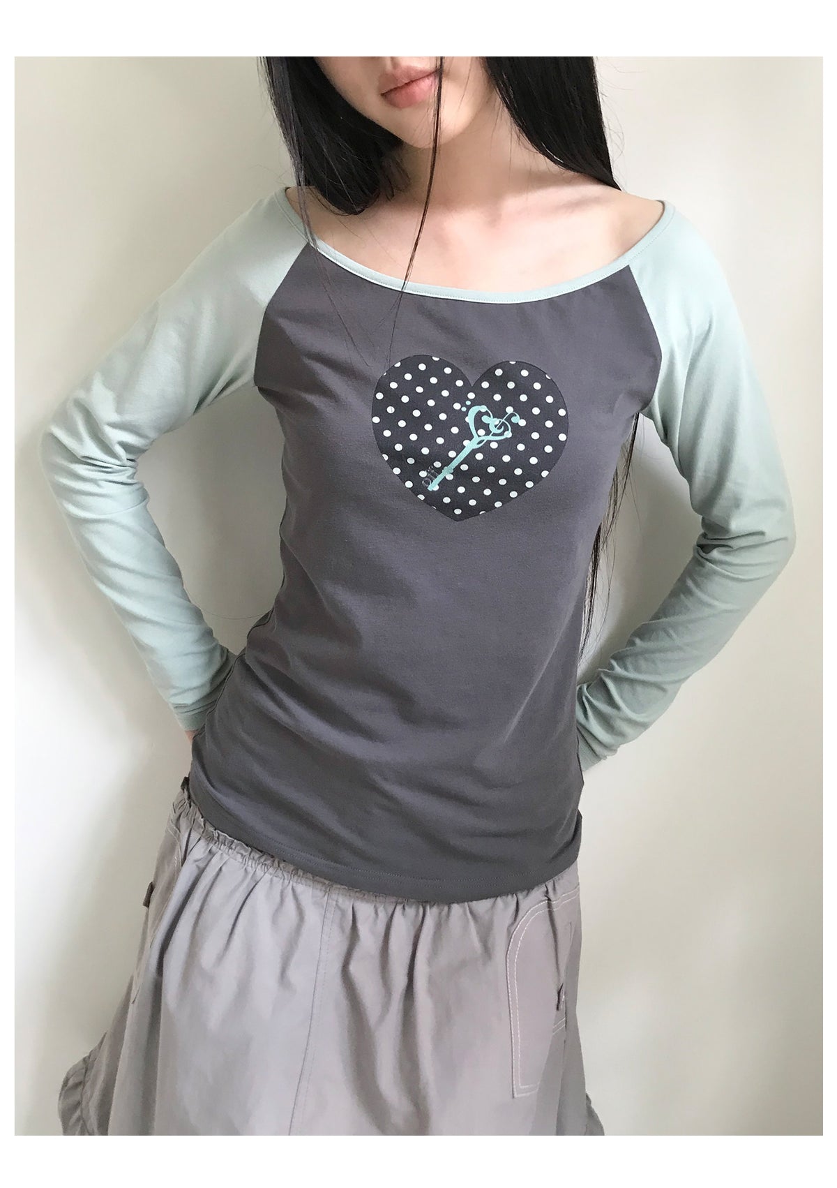 Polka Dot Heart Key Contrast Raglan Long Sleeve Tee