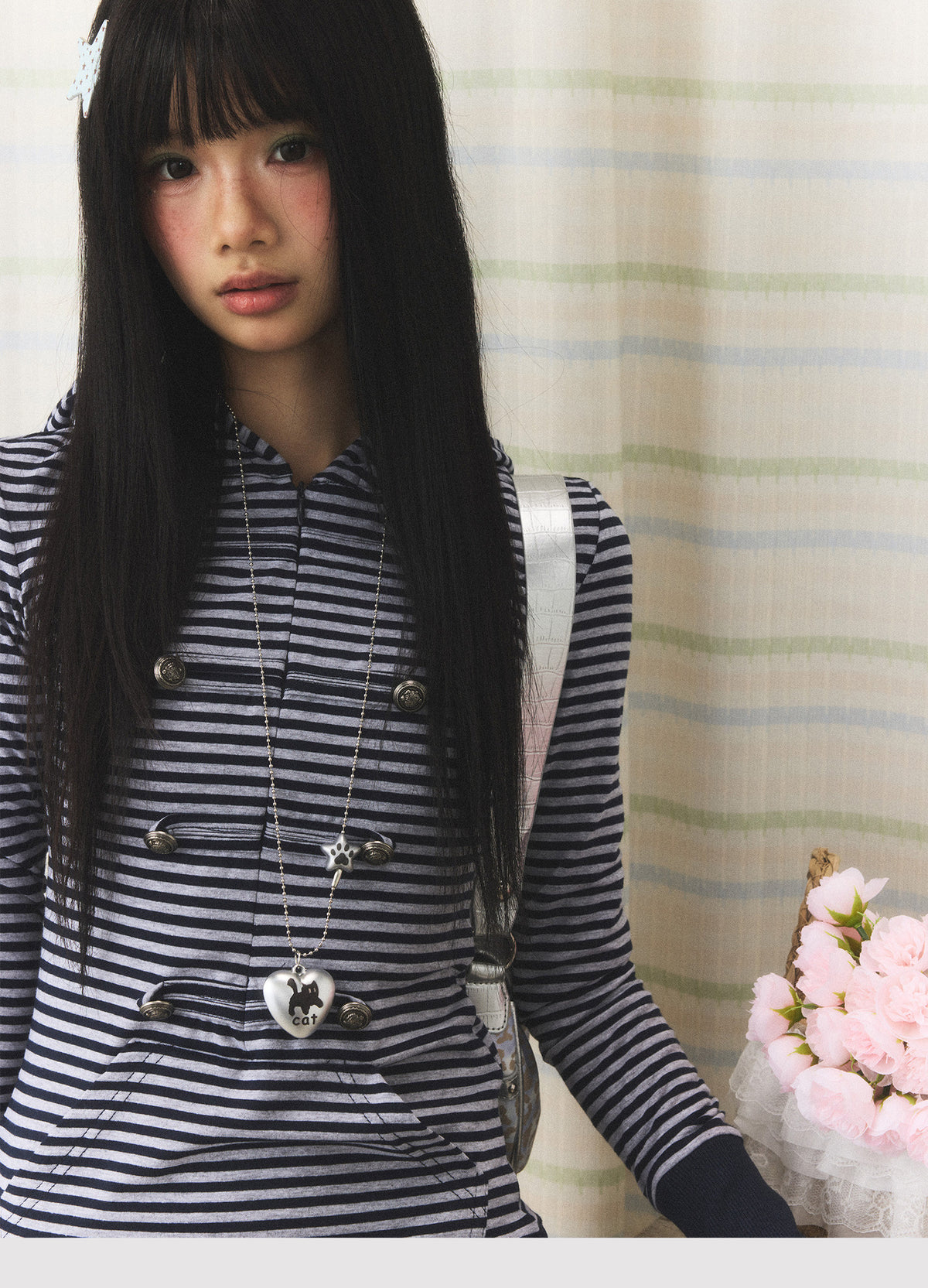 Navy Striped Military Button Hooded Top