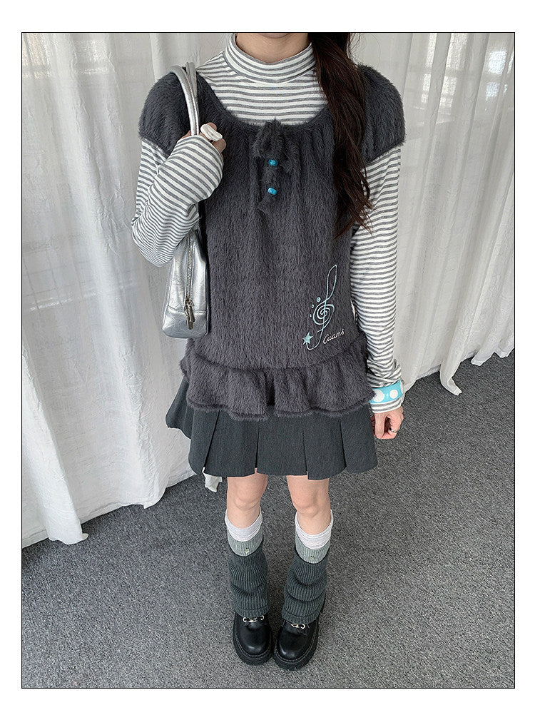 Fuzzy Ruffle Layered Two-Piece Long Sleeve Top Set