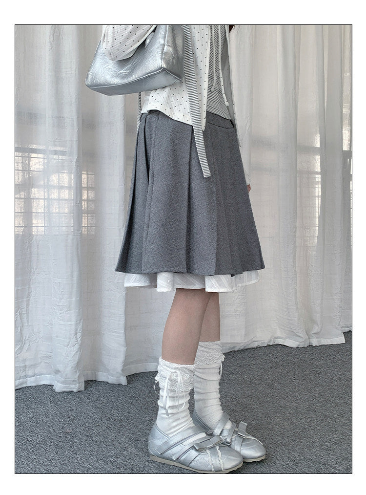 Gray Faux-Layer Pleated Midi Skirt