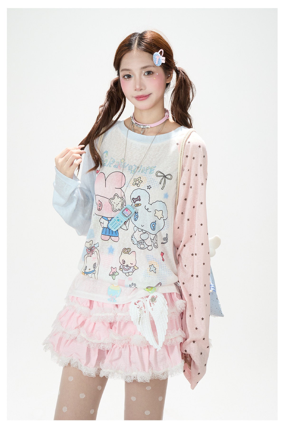Cartoon Star Sheer Long Sleeve Top & Black Music Lace Gingham Mini Skirt
