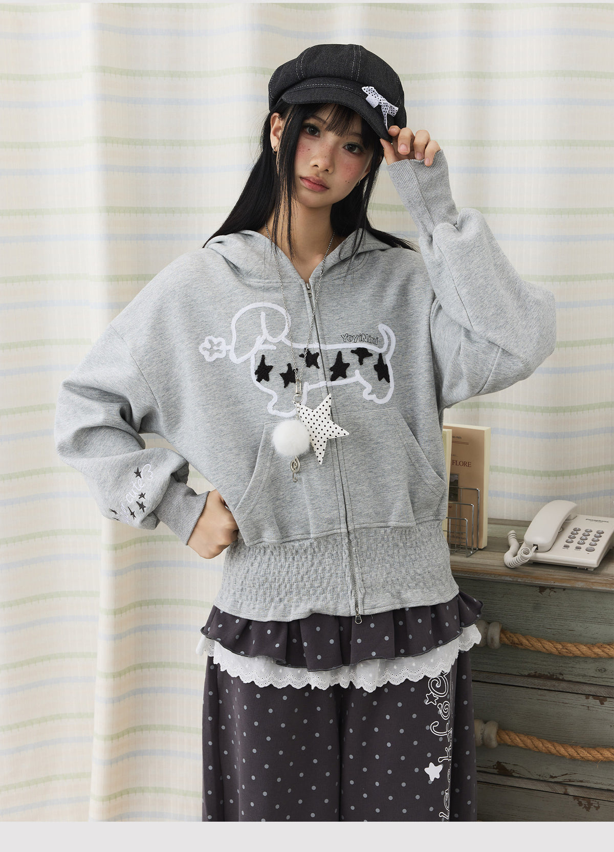 Star Puppy Smocked-Waist Zip-Up Hoodie