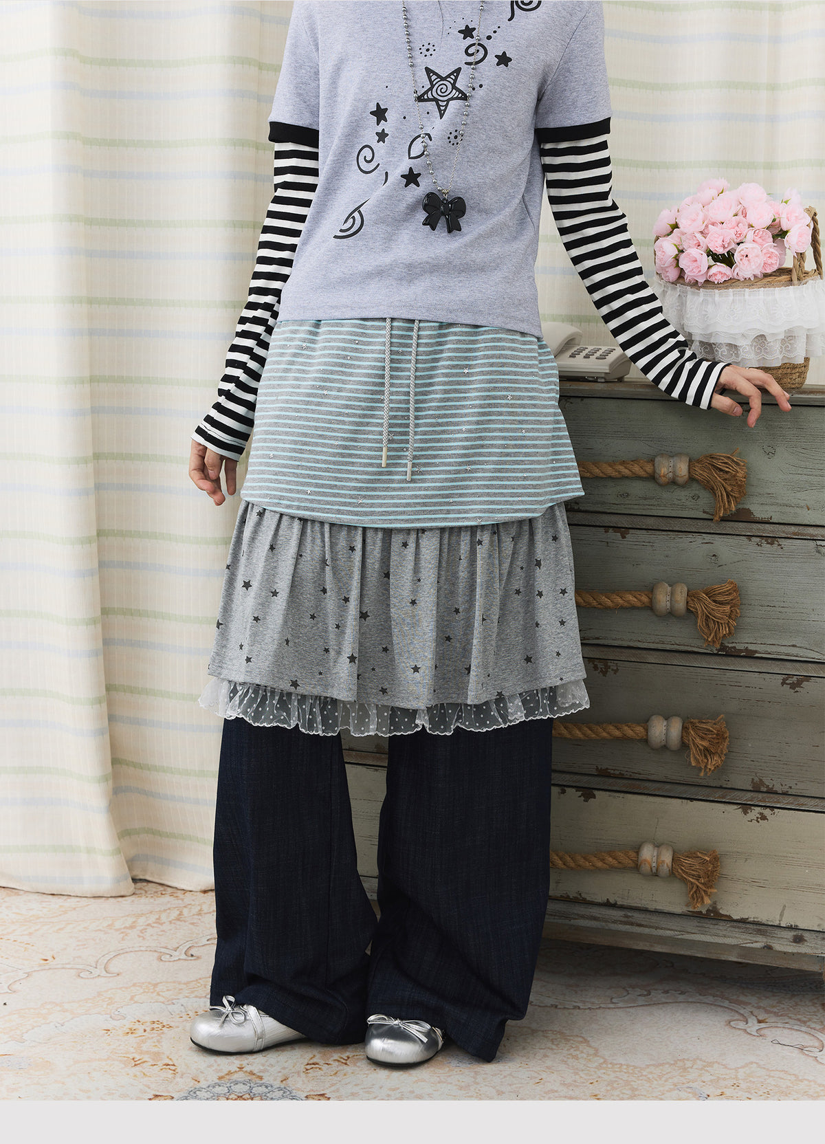 Star Stripe Layered Skirt Wide-Leg Pants