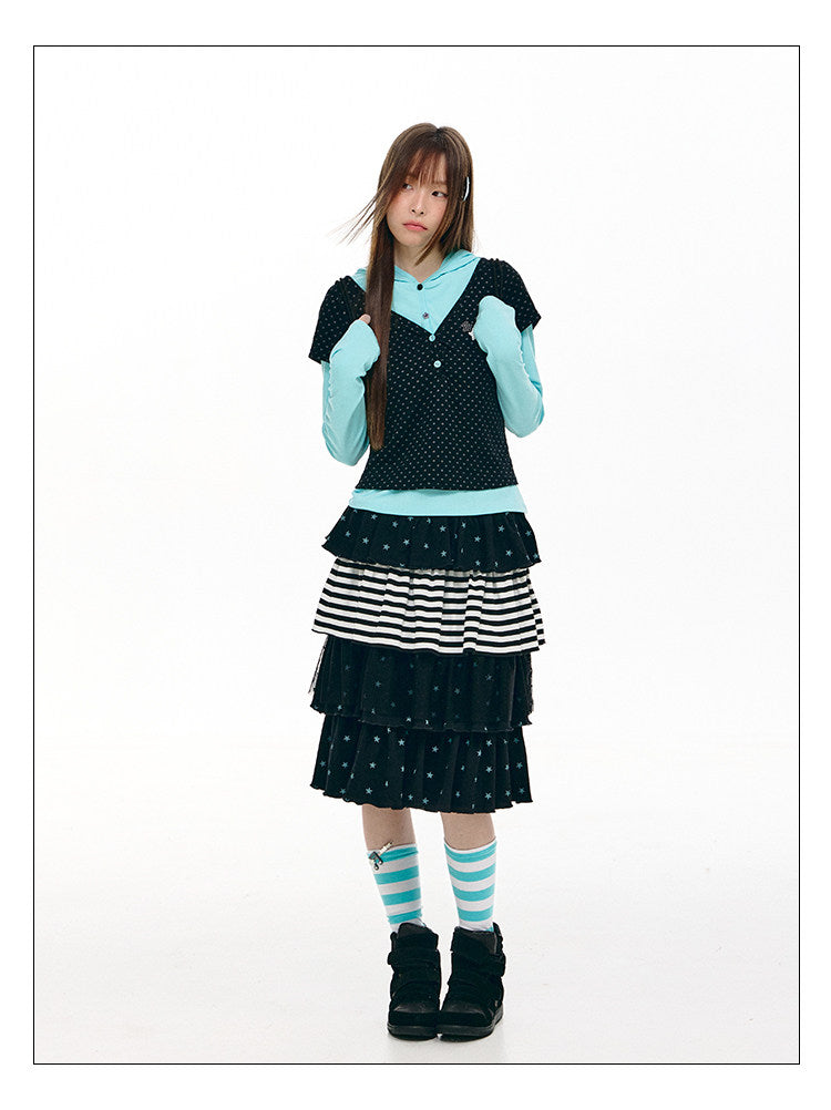 Polka Dot Faux-Layer Hooded Long Sleeve Top