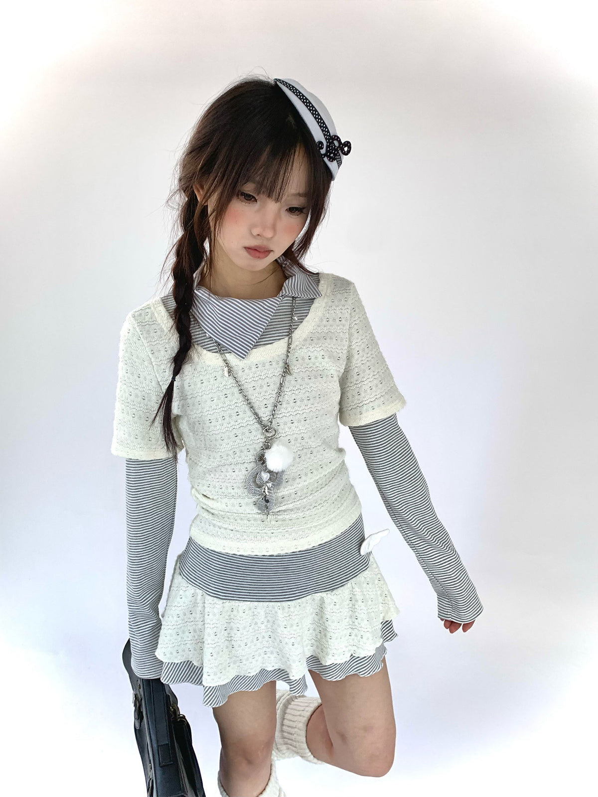 Milk Mist Lace & Stripe Faux-Layer Mini Dress