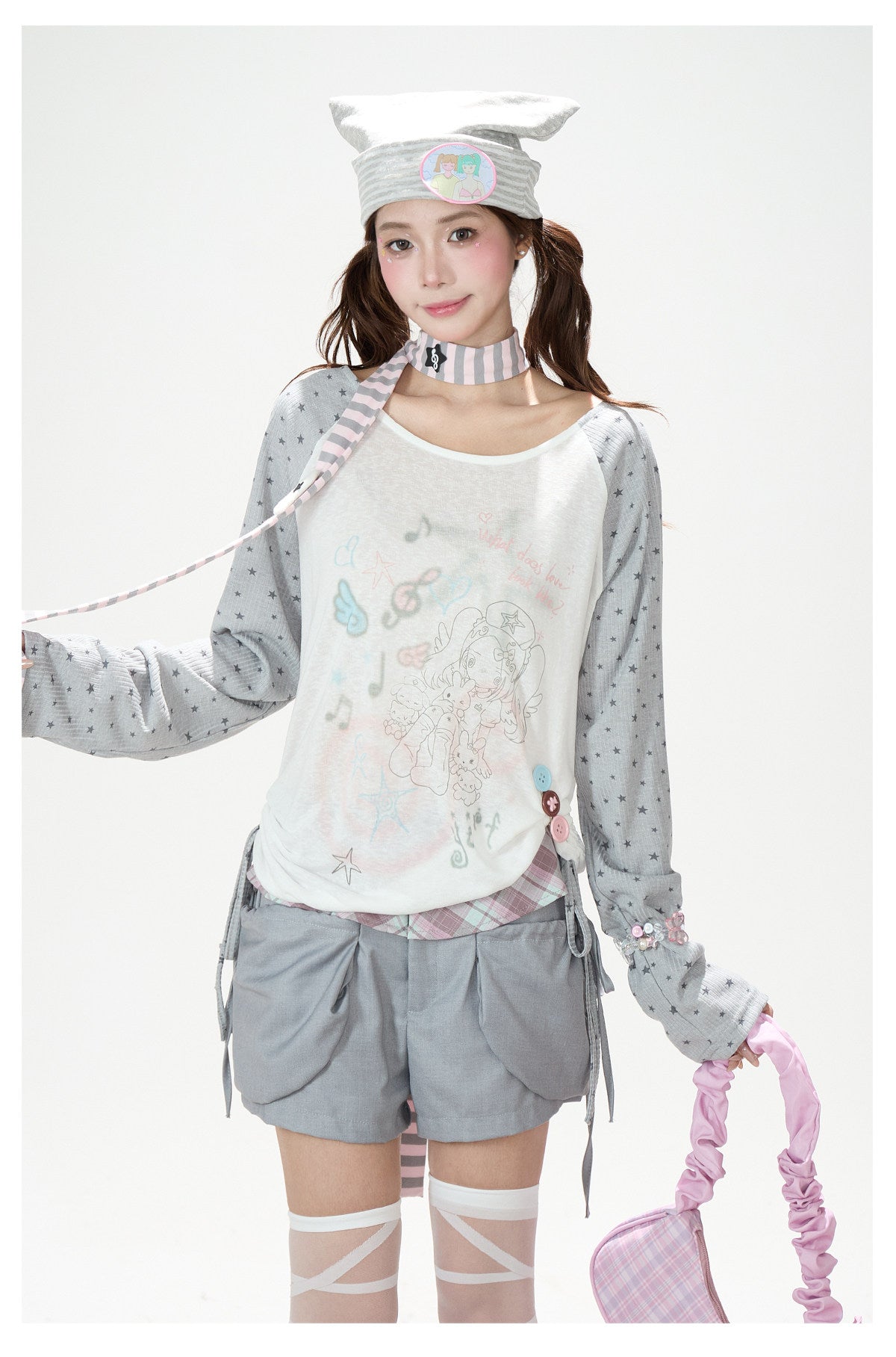 Dreamy Star Raglan Long Sleeve Top & Gray Striped Star Flare Pants