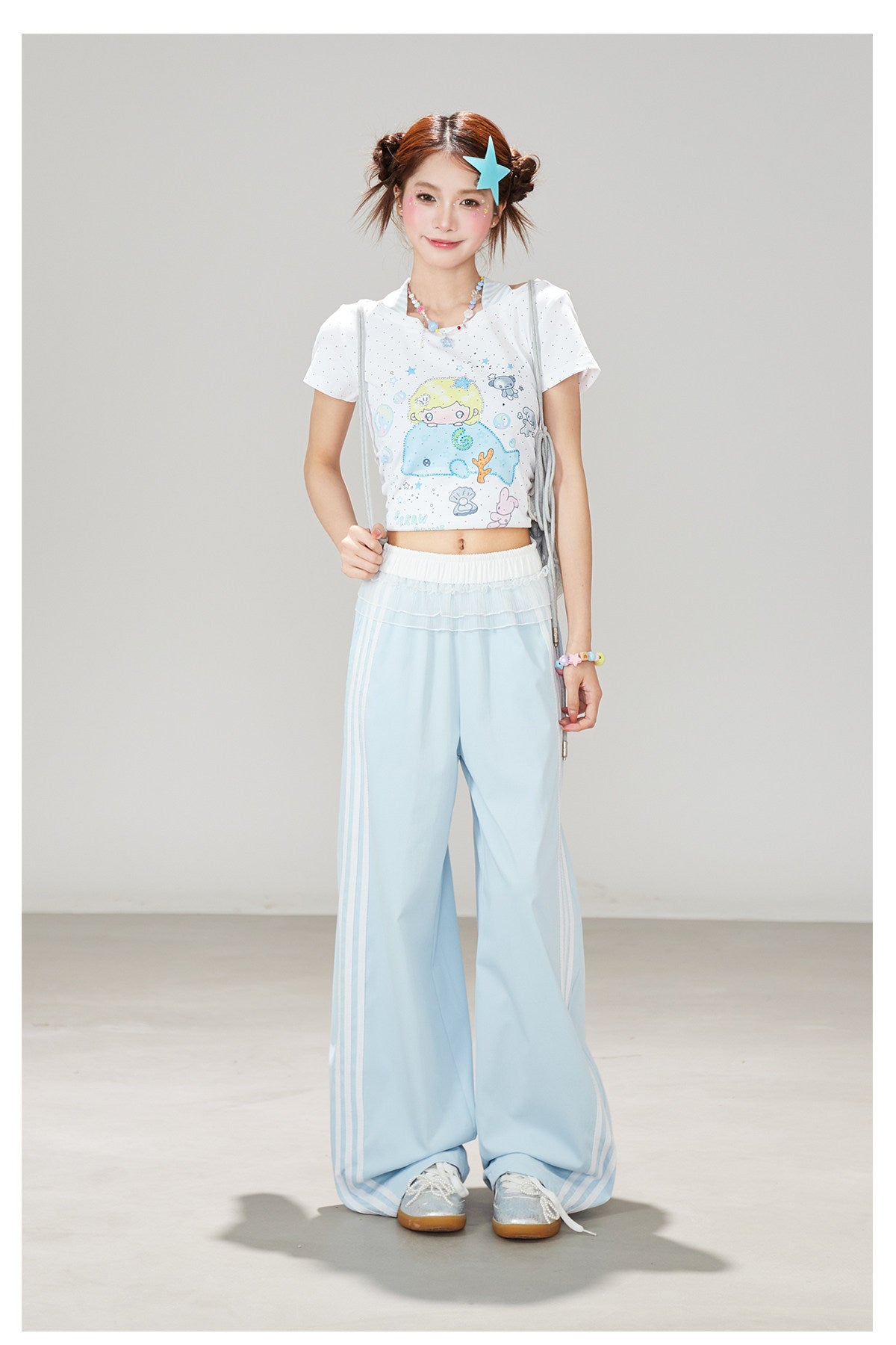 Ruffle Waist Side Stripe Wide-Leg Pants