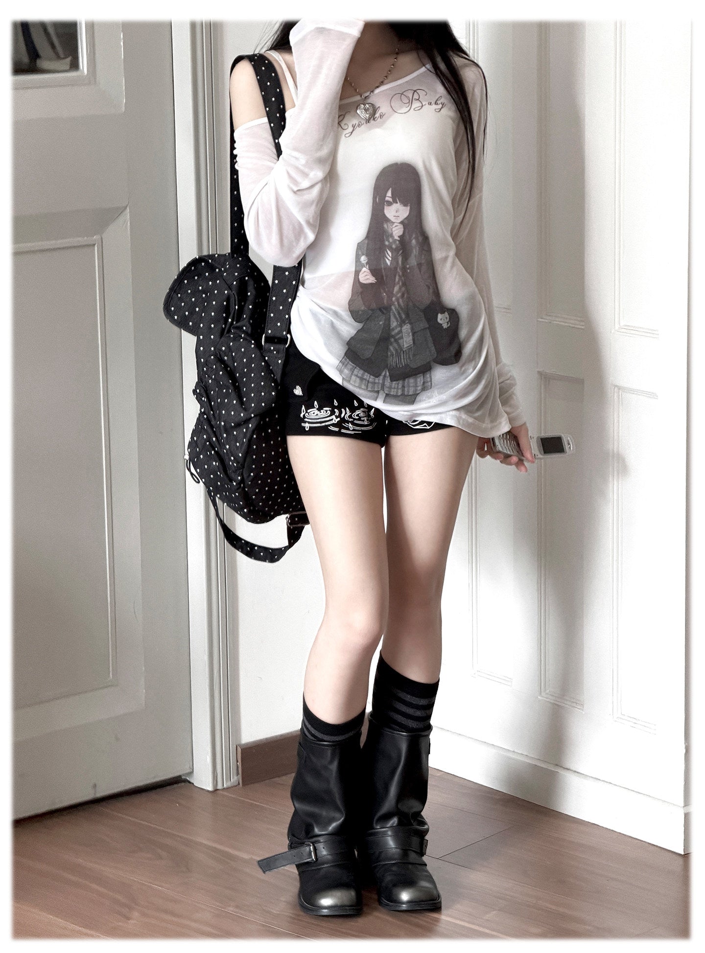 Room Doll Sheer Asymmetric Top & Graphic Mini Shorts