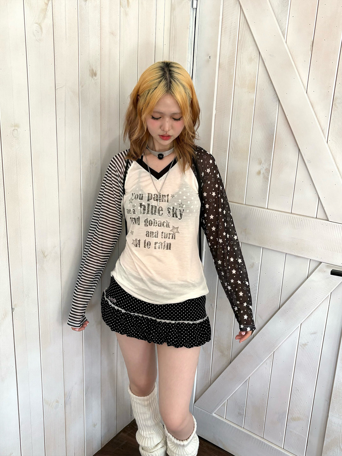 Star Mesh Stripe Contrast Lyocell Long Sleeve Top