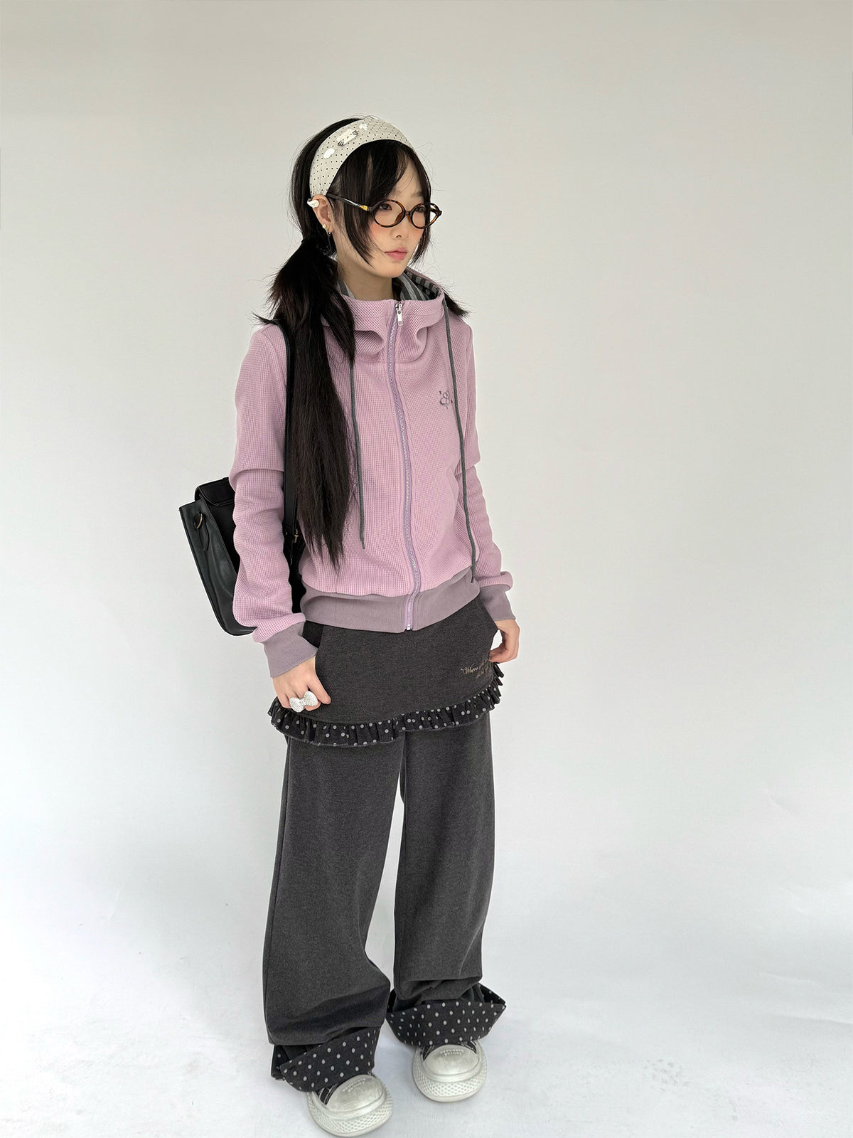 Charcoal Polka Dot Faux-Layer Wide-Leg Pants