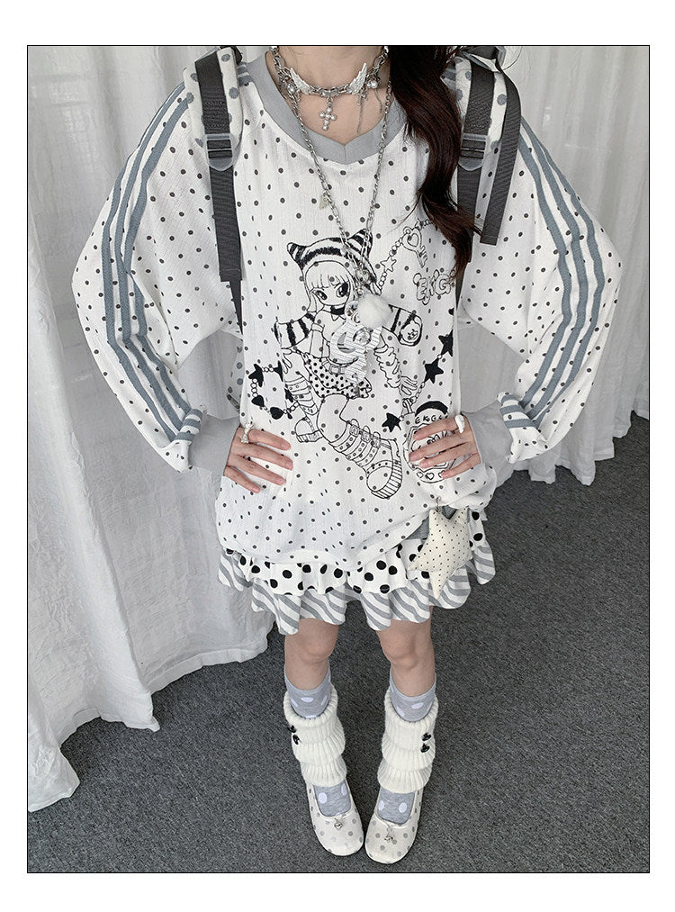 Polka Dot Star Girl V-Neck Long-Sleeve Tee