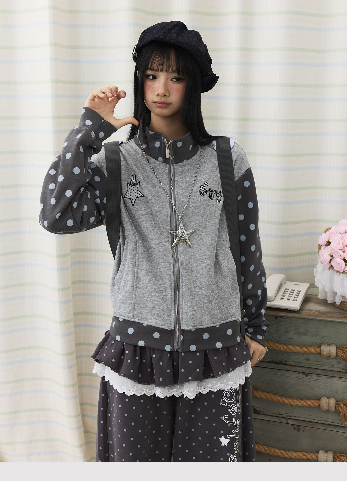 Polka Dot Contrast Embroidered Zip-Up Jacket