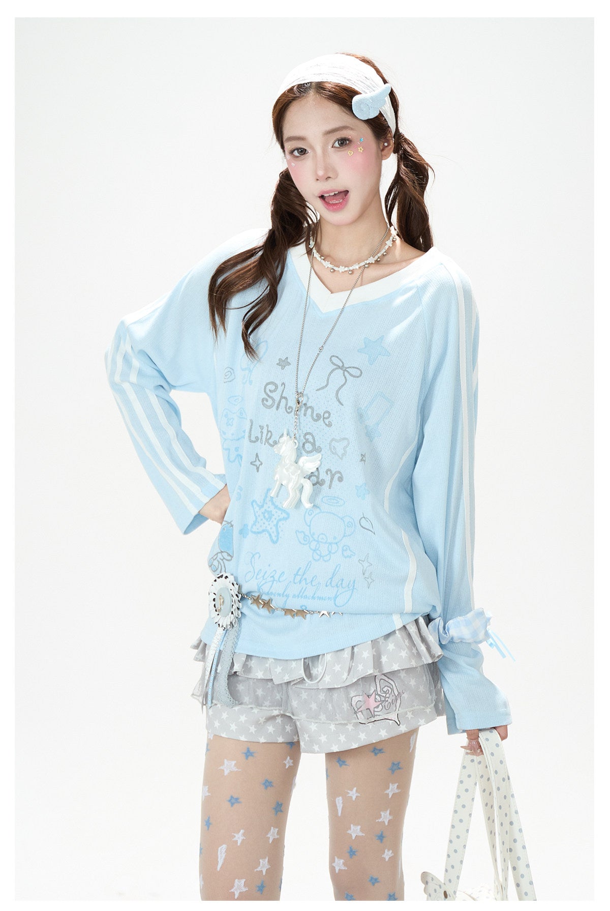 Dreamy Doodle V-Neck Long Sleeve Top & Polka Dot Tiered Ruffle Skirt